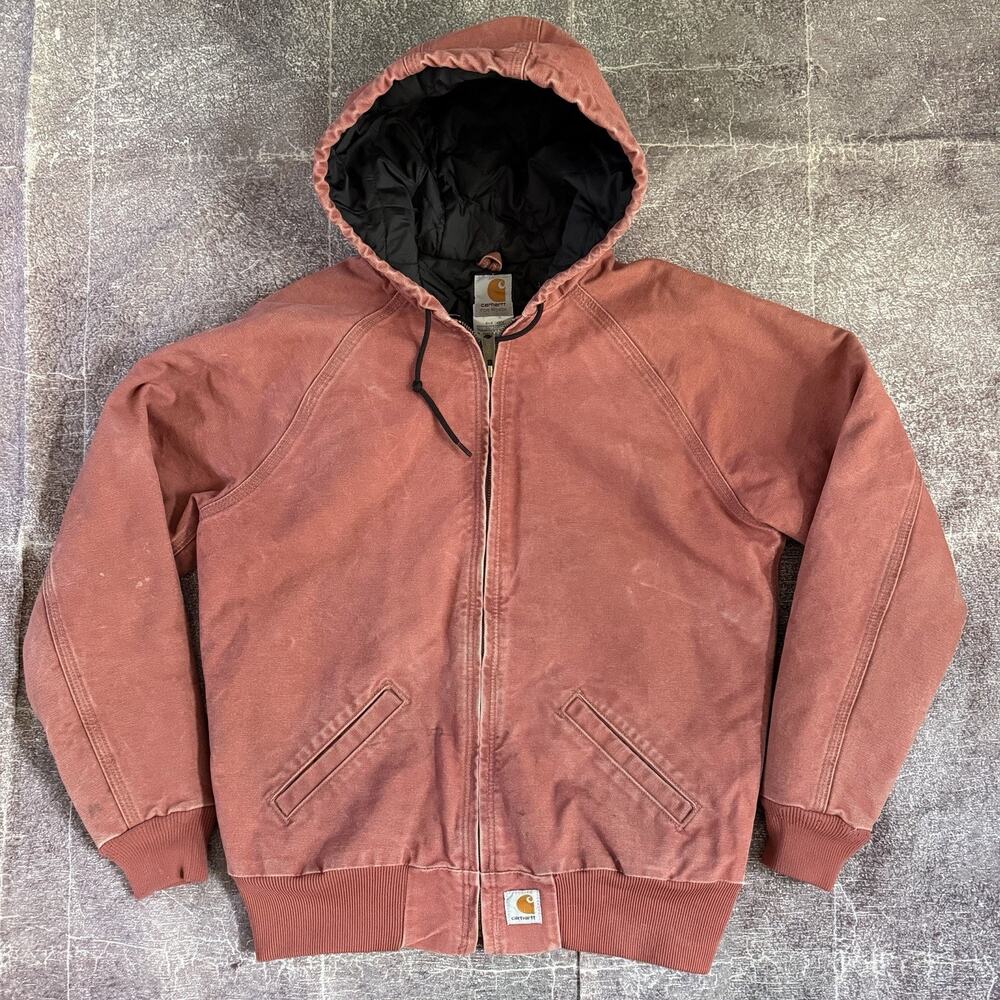 Women's Vintage Y2K Carhartt Rose Salmon Pink Hooded Canvas Work Jacket Sz S